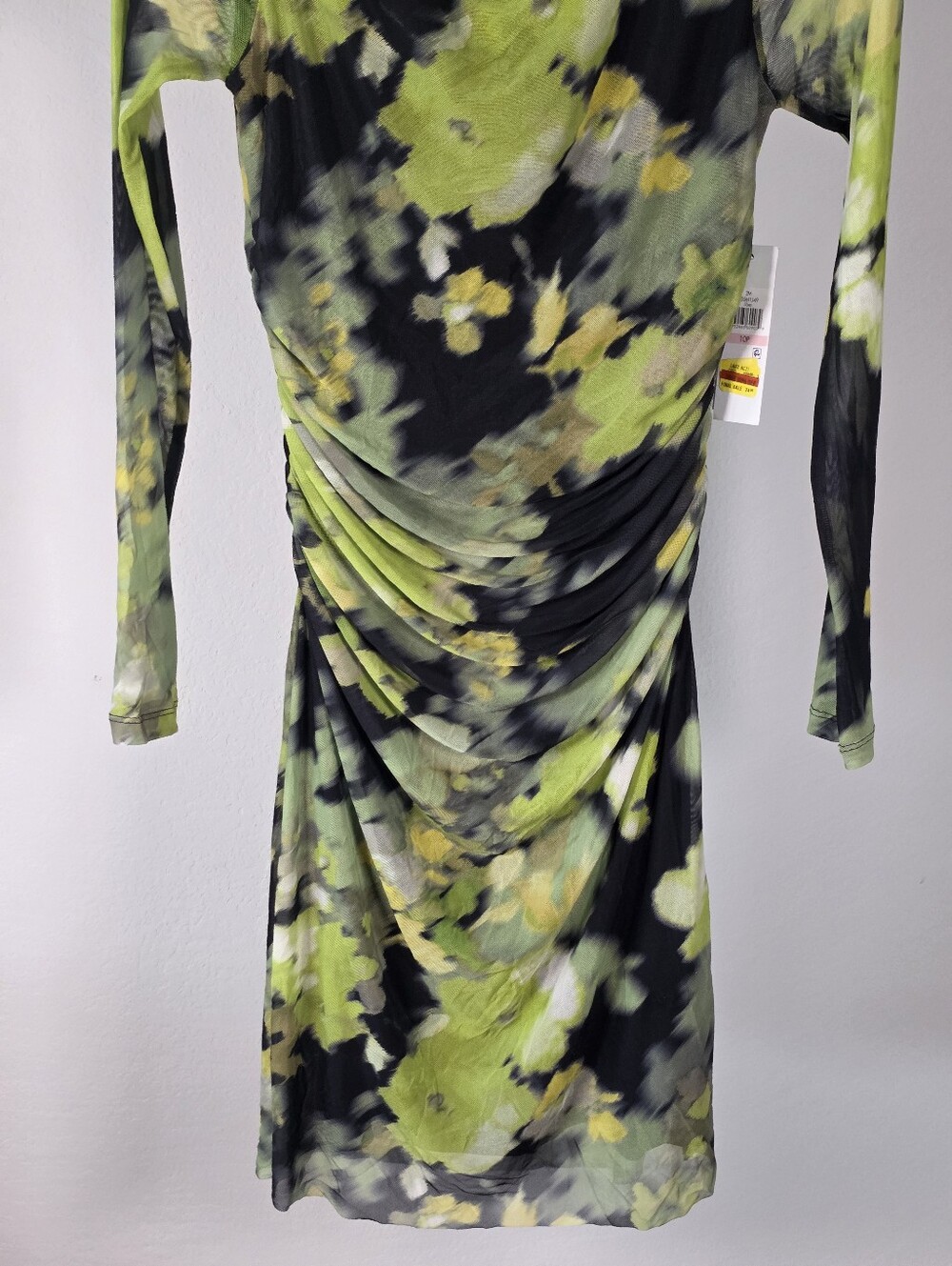 DKNY NWT Size 10P Green Floral Ruched Long Sleeve Mesh Midi Dress $129 - Picture 5 of 10